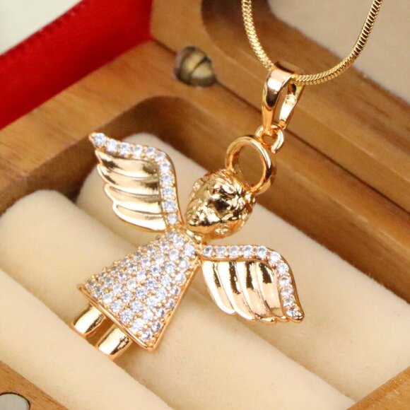 "Sparkling Angel Rose Gold Pendant with Wings and Halo, XPPT1212 - Picture 1 of 13